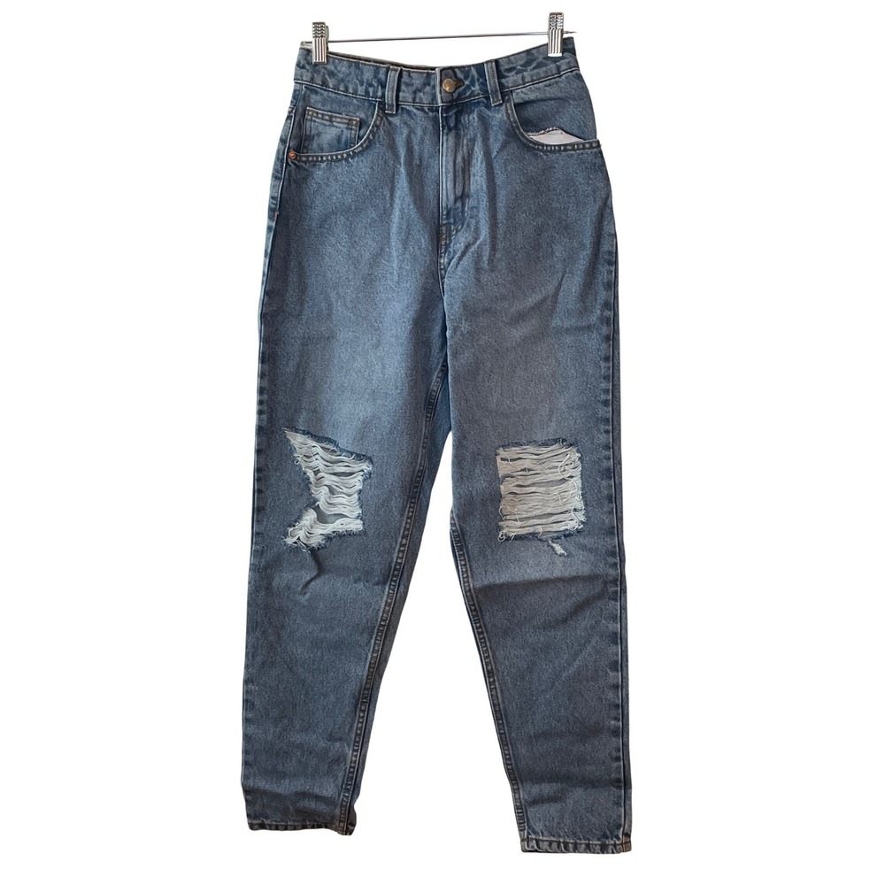 PRETTYLITTLETHING Mid Blue Wash Ripped Knee‎ Mom Jeans Women's 4 High Waist New